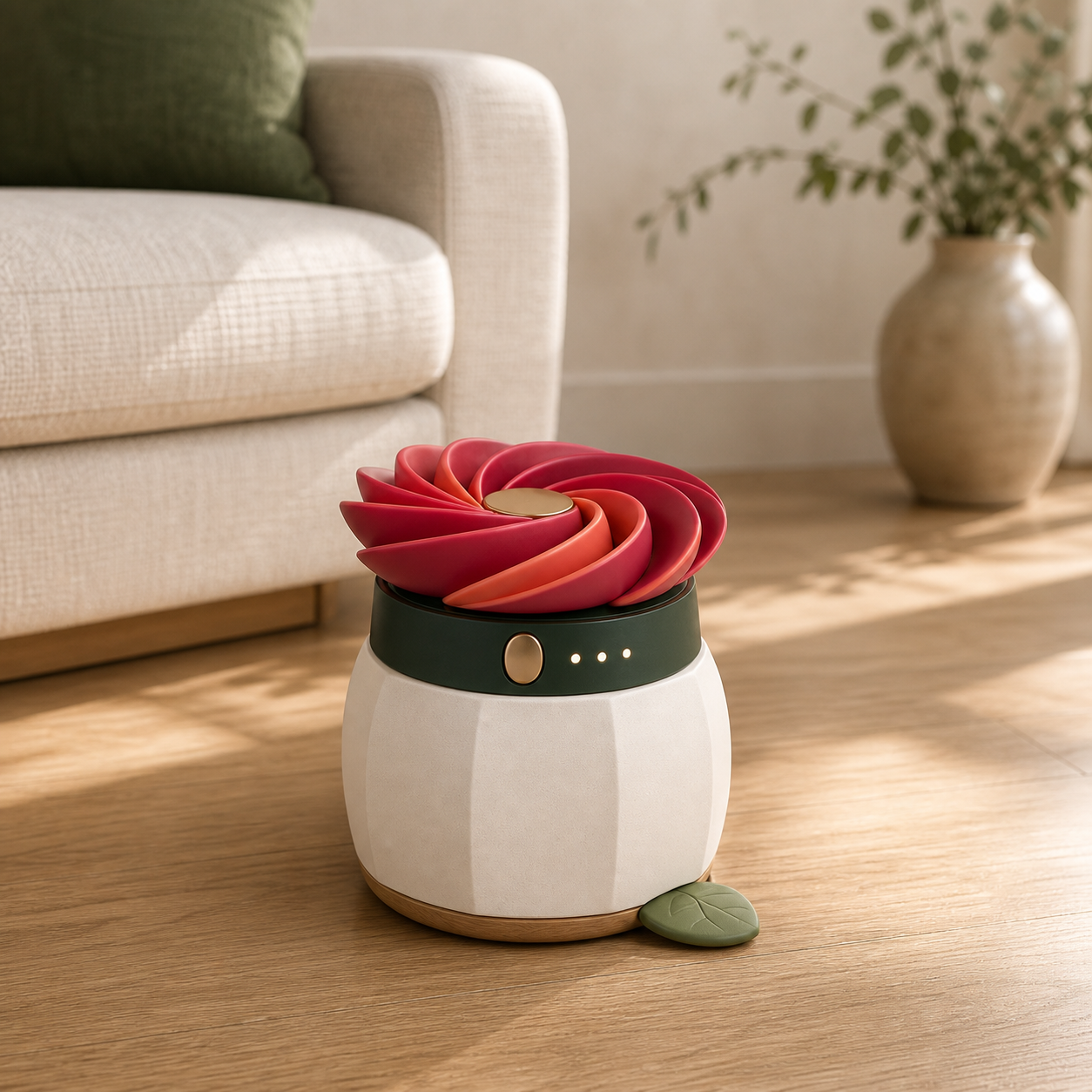 AI concept render of BloomChase 360 styled in a warm modern living room