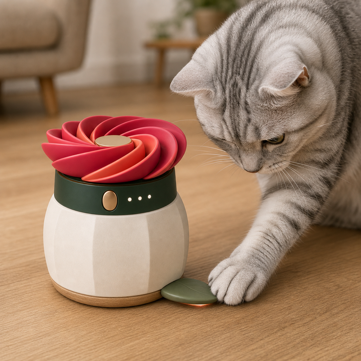 AI concept render of a cat pawing the attached catch leaf on BloomChase 360