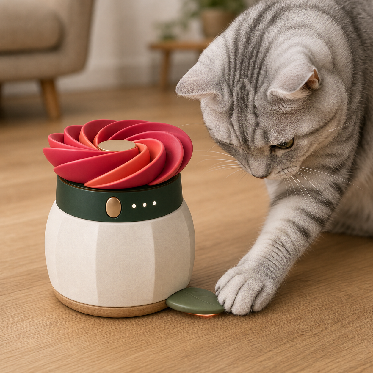 AI concept render of a cat pawing the attached catch leaf on BloomChase 360